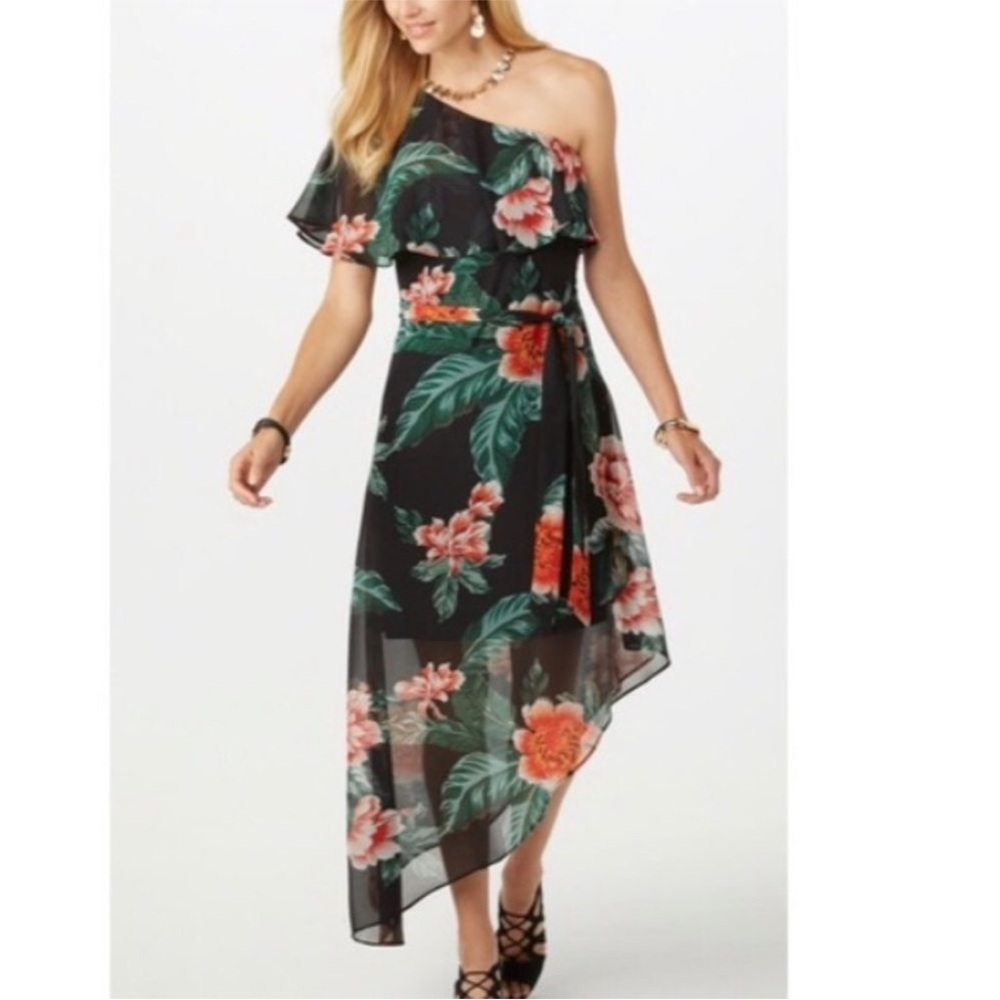 Roz & Ali Green Asymmetrical Ruffled One-Shoulder Dress